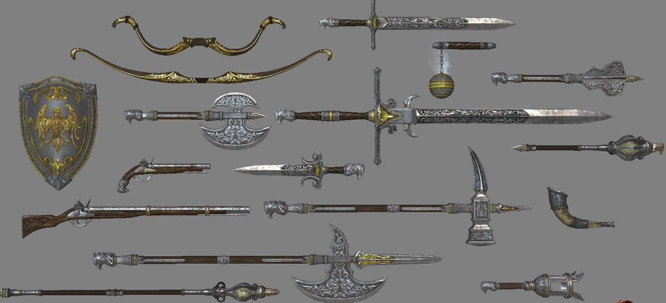 This image shows various weapons in Guild Wars
